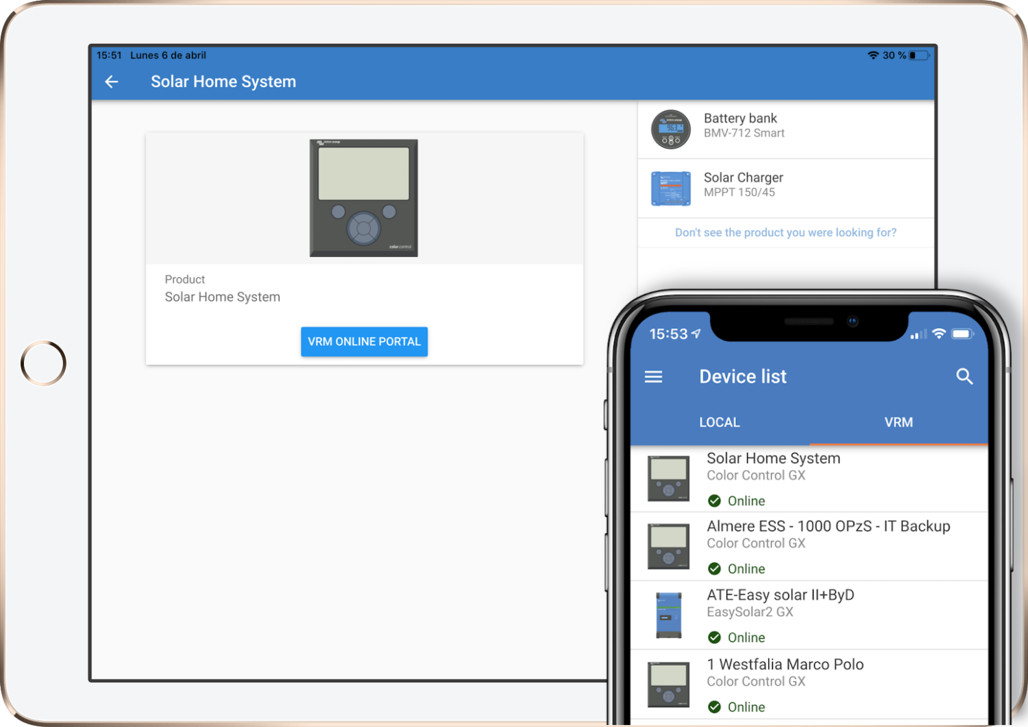 VictronConnect Display on tablet and mobile phone