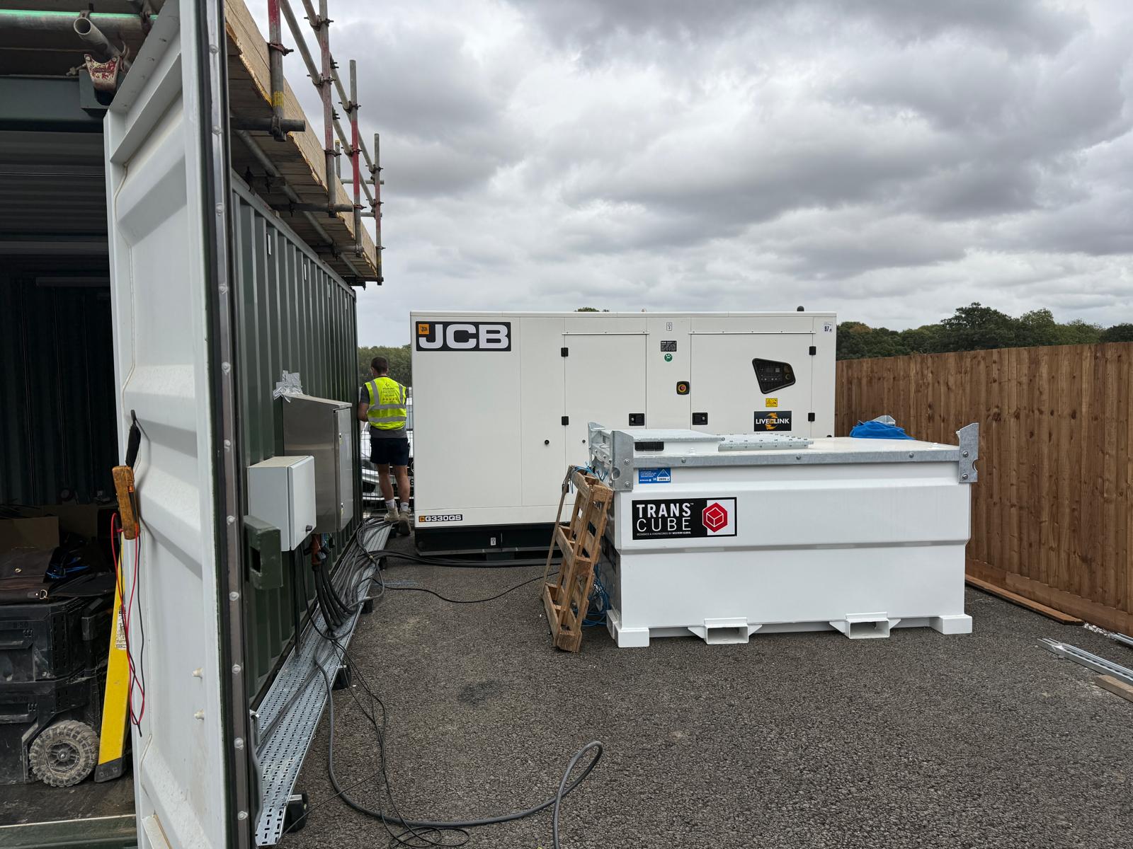 Croudace Homes construction site hybrid power system in Essex with JCB generator and containerised Victron battery storage